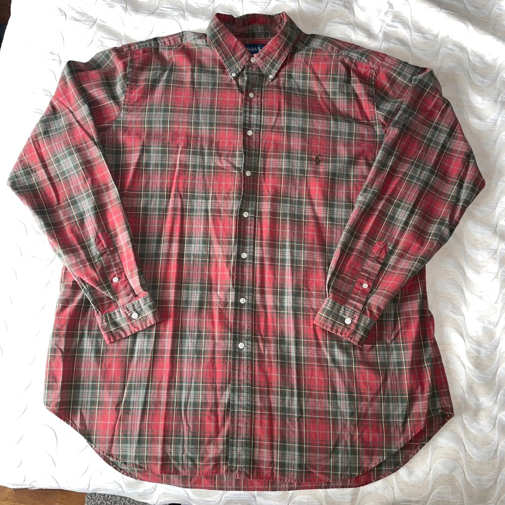 Ralph Lauren Mens 2XLT Red Green Plaid Button Down Shirt Classic Fit Tall Cotton
